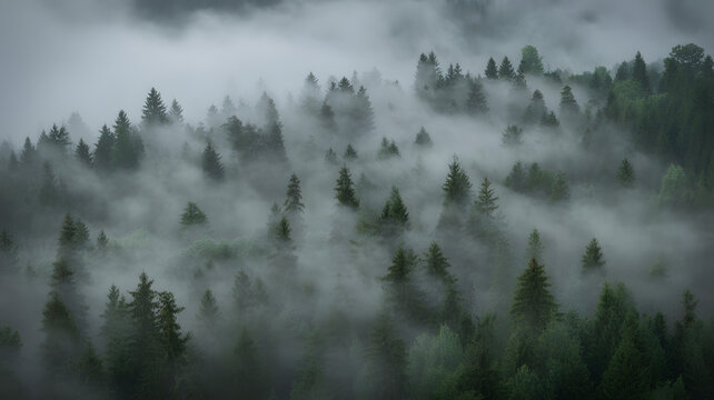 Mystical forest shrouded in dense fog creating a moody, atmospheric landscape scene