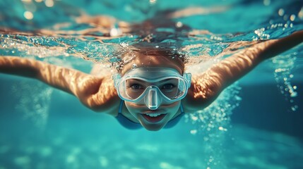 Fototapeta premium Dynamic underwater shot of a female swimmer in a pool capturing grace and movement