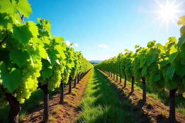 Sun-Drenched Vineyard Ready for Harvest Lush Grapevines Stretching Across a Picturesque Autumn Landscape Under a Clear Blue Sky