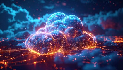 Glowing Cloudscape: Digital Art Depicting Futuristic City and Cloud Computing.