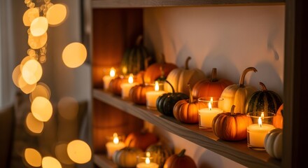 A cozy autumn scene featuring pumpkins, candles, and warm, inviting lighting.