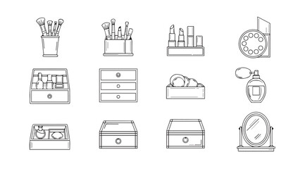 Collection of hand-drawn icons representing makeup brushes storage and cosmetic items vector