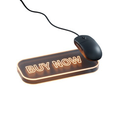 A computer mouse hovers over a glowing "BUY NOW" button, ready for a click. Isolated on a Transparent Background, PNG, Cutout