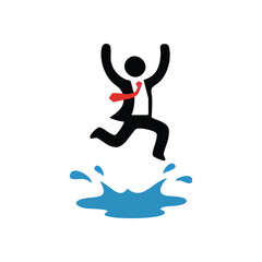 (Professional Clears Water Hazard. A dynamic icon depicting a corporate individual successfully navigating an obstacle, representing achievement and forward movement.)