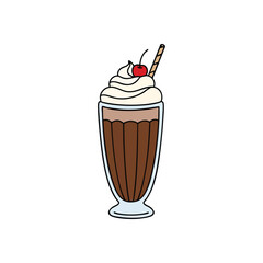(Delicious Chocolate Milkshake. This sweet cocoa beverage, topped with rich whipped cream and a cherry, evokes refreshing indulgence. A nostalgic dessert drink.)