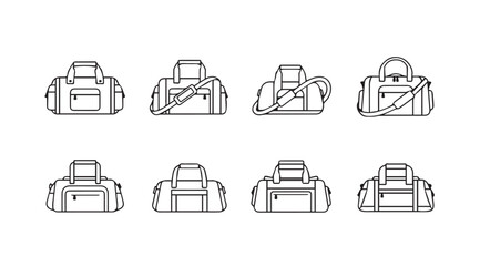 Collection of hand drawn gym duffel bags and sports luggage sketches for travel and fitness vector
