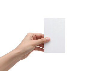 Obraz premium Hand holding a blank white paper sheet with a clean minimal background, photographed up close to show the edges and form for presentation and notes
