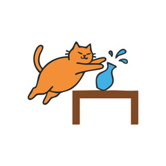 (Mischievous Cat Pushes Vase. An energetic orange kitty joyfully tips a water vessel off a table. This whimsical illustration captures common pet antics, symbolizing playful chaos and curiosity.)