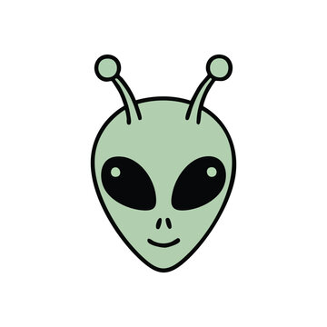 (Friendly Cartoon Alien Head. An amicable illustration of an extraterrestrial character, with a pleasant visage and antennae. Its vibrant green hue and simple smile evoke cosmic curiosity.)