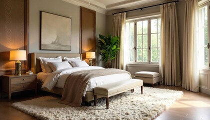 Luxurious Master Bedroom with Oversized Plush Area Rug Warmth, Comfort, and Style for Your Sleeping Space. Ideal for Interior Design Inspiration.