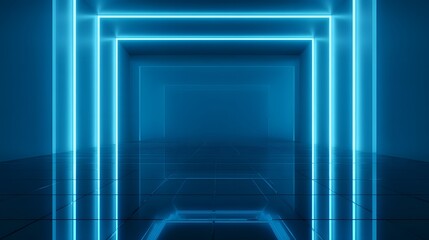Futuristic room design showcases vibrant blue neon laser light patterns modern technology background