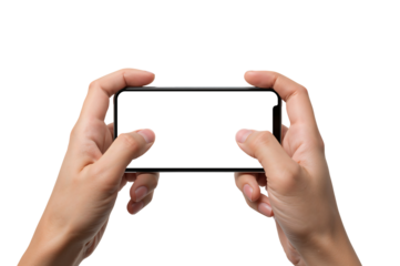 Hands holding smartphone blank screen horizontal position