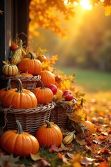 Bountiful Autumn Harvest Golden Sunlight Illuminates Overflowing Baskets of Pumpkins, Gourds, Corn, and Apples in a Rustic Fall Scene