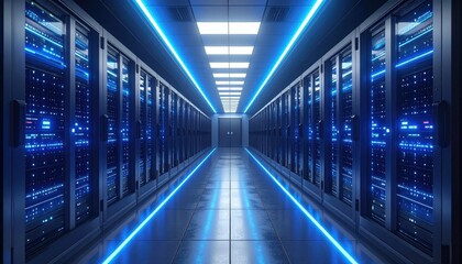 Obraz premium Futuristic Server Room with Blue Lights and Data Racks.