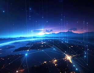 Global Network Connections Over Earth at Night with Mountainous Horizon.