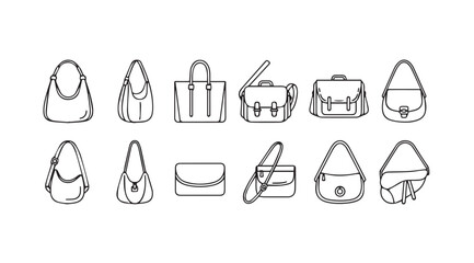 Collection of hand-drawn style handbag icons representing diverse fashion accessories for women vector