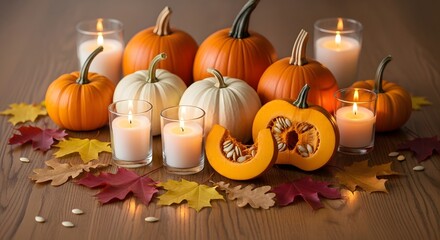 A festive autumn arrangement featuring pumpkins, candles, and colorful fall leaves, creating a warm, inviting scene.