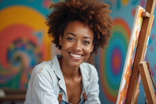 Happy woman artist painting in her vibrant studio, celebrating her artistic journey and embracing inclusivity in the art community.