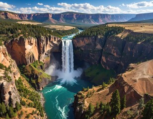 Majestic waterfall cascading into a turquoise river within a canyon landscape.