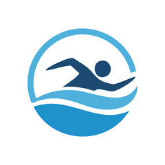 (Swimming Athlete Water Sport Icon. A vibrant blue graphic portrays an individual propelling through dynamic water. Symbolizes athleticism, aquatic fitness, recreation, and a refreshing active.)