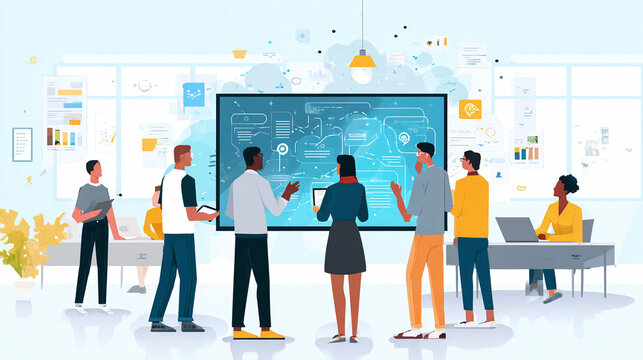Diverse team collaborating on a tech project, reviewing data visualization on a large screen. Ideal for illustrating teamwork, innovation, strategy, and business solutions.