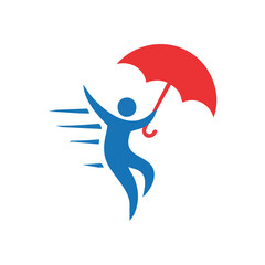 (Protected Figure Dynamic Motion Icon. Vibrant emblem depicting an individual celebrating under a radiant brolly, symbolizing rapid advancement, security, and joyous liberation.)