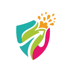 Colorful Shield Hands Growth Burst. A dynamic emblem depicting a protector formed by supportive palms, an upward arrow, and energetic splatters. It symbolizes collective safety, vibrant advancement