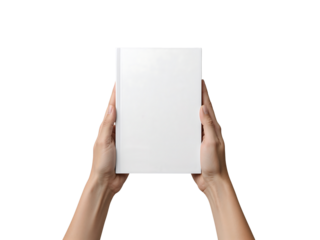 Hands holding a blank white book cover mockup