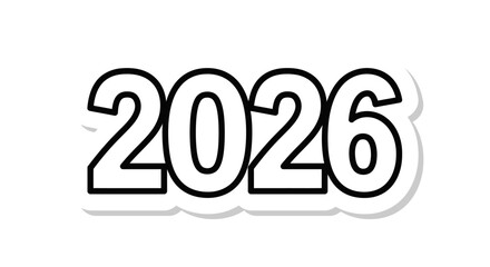 A white stickerstyle rendering of the year 2026 in bold black outlined numerals