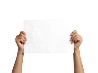 Woman holding blank white sign mockup