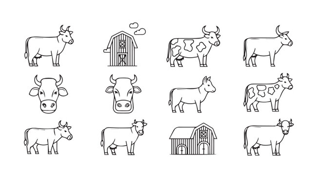 Farm barns and cows collection simple outline drawings for livestock agriculture and countryside themes vector