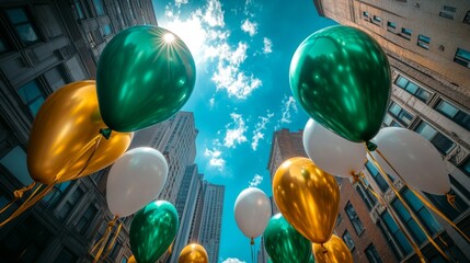 Colorful Balloons Rise Above City Buildings