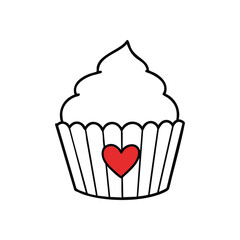 (Adorable Heart Cupcake Drawing. A charming hand-drawn baked treat adorned with a vivid crimson emblem. This dessert symbolizes affection, happiness, and joyful moments.)