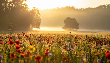Obraz premium Golden Sunrise Over a Field of Colorful Wildflowers and Trees.