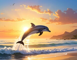 Dolphin leaps from ocean at sunset a vibrant coastal scene.