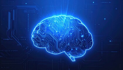 Glowing Blue Digital Brain with Circuitry and Data Streams.