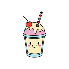 (Cute Kawaii Milkshake Drink. Cheerful dessert beverage featuring a smiling face, sweet cream, a red cherry, and a striped straw. Represents pure joy and summer delight.)