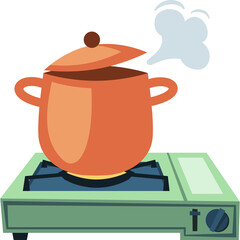 Orange pot with lid on green stove with steam rising from cooking food on a transparent background
