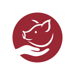 (Farm Animal Welfare Emblem. Minimalist illustration shows a hog's head cradled by a palm within a dark red roundel. It represents compassionate care, ethical husbandry, and protection of livestock.)