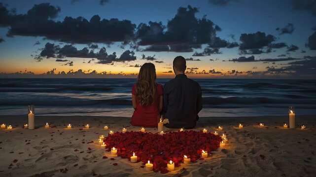 A serene and intimate scene unfolds on a picturesque beach at twilight, showcasing a couple seated together, backs to the viewer, as they gaze upon the calm ocean waves and the vibrant colors of the s