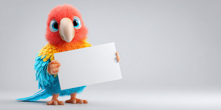 Cute parrot holding blank sign, colorful feathers, vibrant expression, cartoon style, playful pose, cheerful background