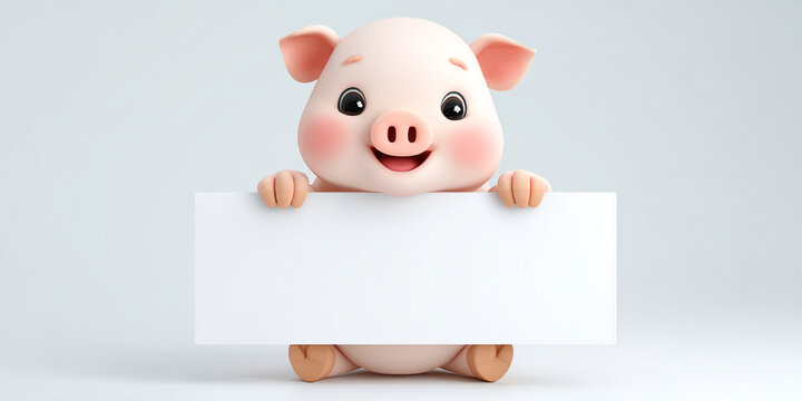 Cute pig holding blank sign, colorful cartoon character, cheerful expression, playful design, suitable for various uses