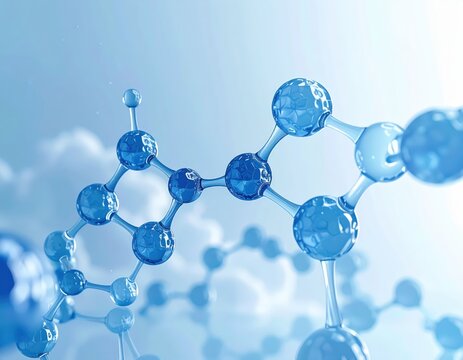 Abstract blue molecular structure with glowing spheres and connections.