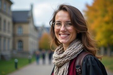 A Happy Female Professor's Close-Up Portrait on a University Campus: Highlighting Gender and Career Transformation