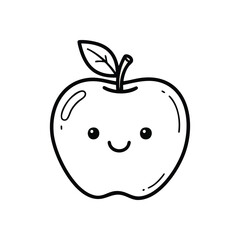 (Smiling Fruit Character Line Art. An endearing monochrome drawing of a cheerful apple with a sweet facial expression. This charming icon symbolizes health and pure joy, ideal for playful themes.)