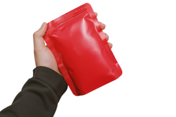 Red pouch packaging held in hand