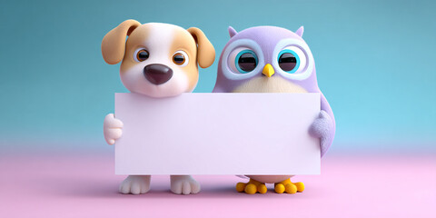 Obraz premium Adorable cartoon dog and owl duo holding blank sign, showcasing friendship and playfulness in colorful setting