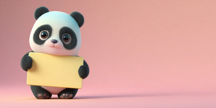 Adorable cartoon baby panda holding blank board, expressing cuteness and charm in soft pastel background