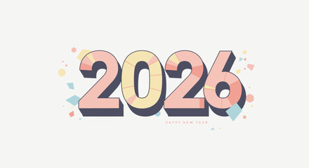 2026 New Year art with peach numbers dark gray shadows pastel confetti on a beige background