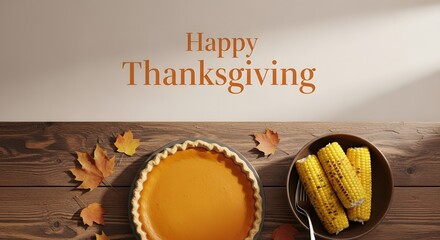 A festive Thanksgiving scene showcasing a pumpkin pie, corn, and autumn leaves on a wooden table.